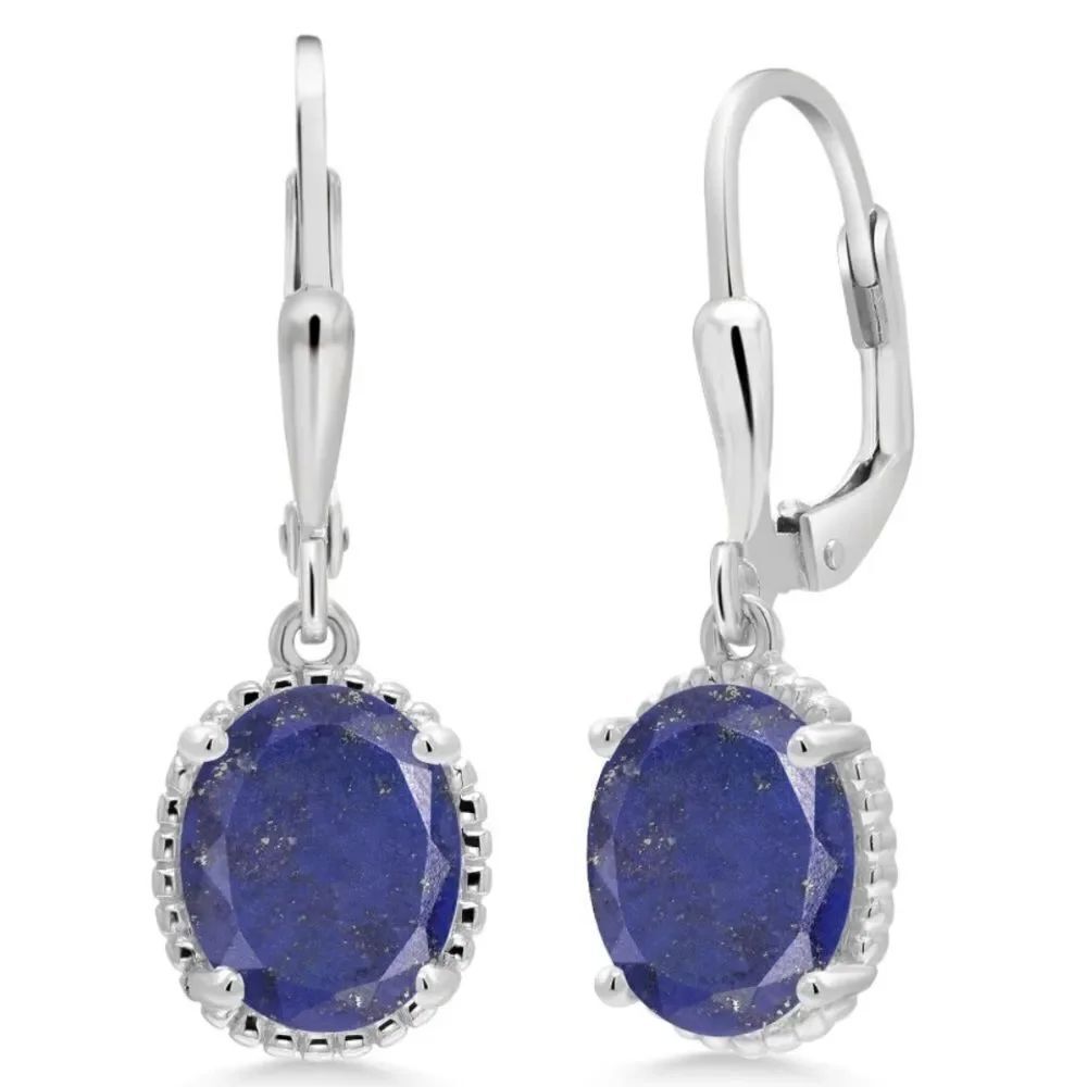 925 Sterling Silver with 4.00 Cttw Blue Lapis Lazuli Oval Leverback Earrings